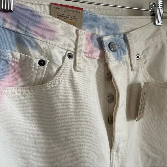 NWT Levi’s 501 Straight Leg 100% Cotton Denim Jeans Off White Tie Dye Pink Blue