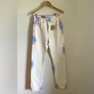 NWT Levi’s 501 Straight Leg 100% Cotton Denim Jeans Off White Tie Dye Pink Blue