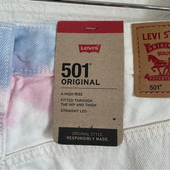 NWT Levi’s 501 Straight Leg 100% Cotton Denim Jeans Off White Tie Dye Pink Blue