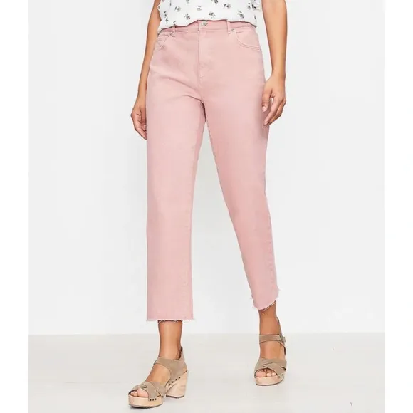 NWT! LOFT Womens High Waist Straight Crop Jean Blush Pink Frayed Hemline Size 31