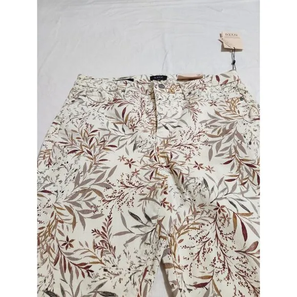 NYDJ Sheri Slim Leg Jeans Cream Beige Leaf Leaves Floral Size 14P Stretch (CJ6)