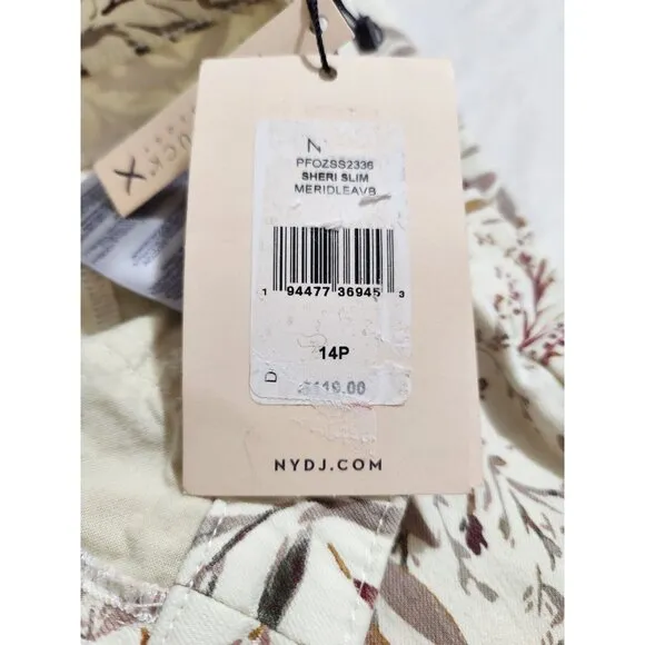 NYDJ Sheri Slim Leg Jeans Cream Beige Leaf Leaves Floral Size 14P Stretch (CJ6)