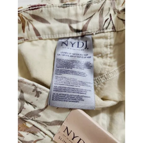 NYDJ Sheri Slim Leg Jeans Cream Beige Leaf Leaves Floral Size 14P Stretch (CJ6)