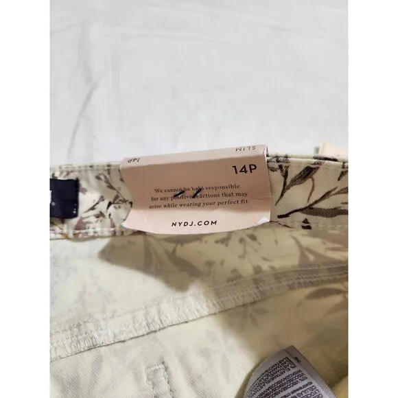 NYDJ Sheri Slim Leg Jeans Cream Beige Leaf Leaves Floral Size 14P Stretch (CJ6)