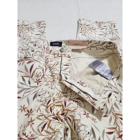 NYDJ Sheri Slim Leg Jeans Cream Beige Leaf Leaves Floral Size 14P Stretch (CJ6)