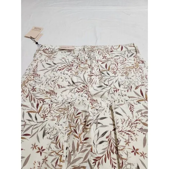 NYDJ Sheri Slim Leg Jeans Cream Beige Leaf Leaves Floral Size 14P Stretch (CJ6)