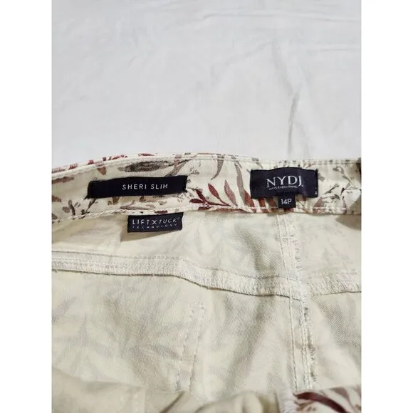 NYDJ Sheri Slim Leg Jeans Cream Beige Leaf Leaves Floral Size 14P Stretch (CJ6)