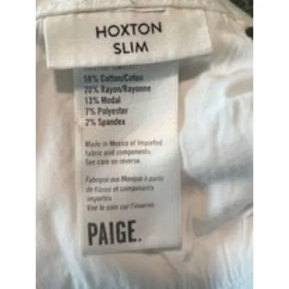 Paige Hoxton Slim White Stretch Jeans Size 30