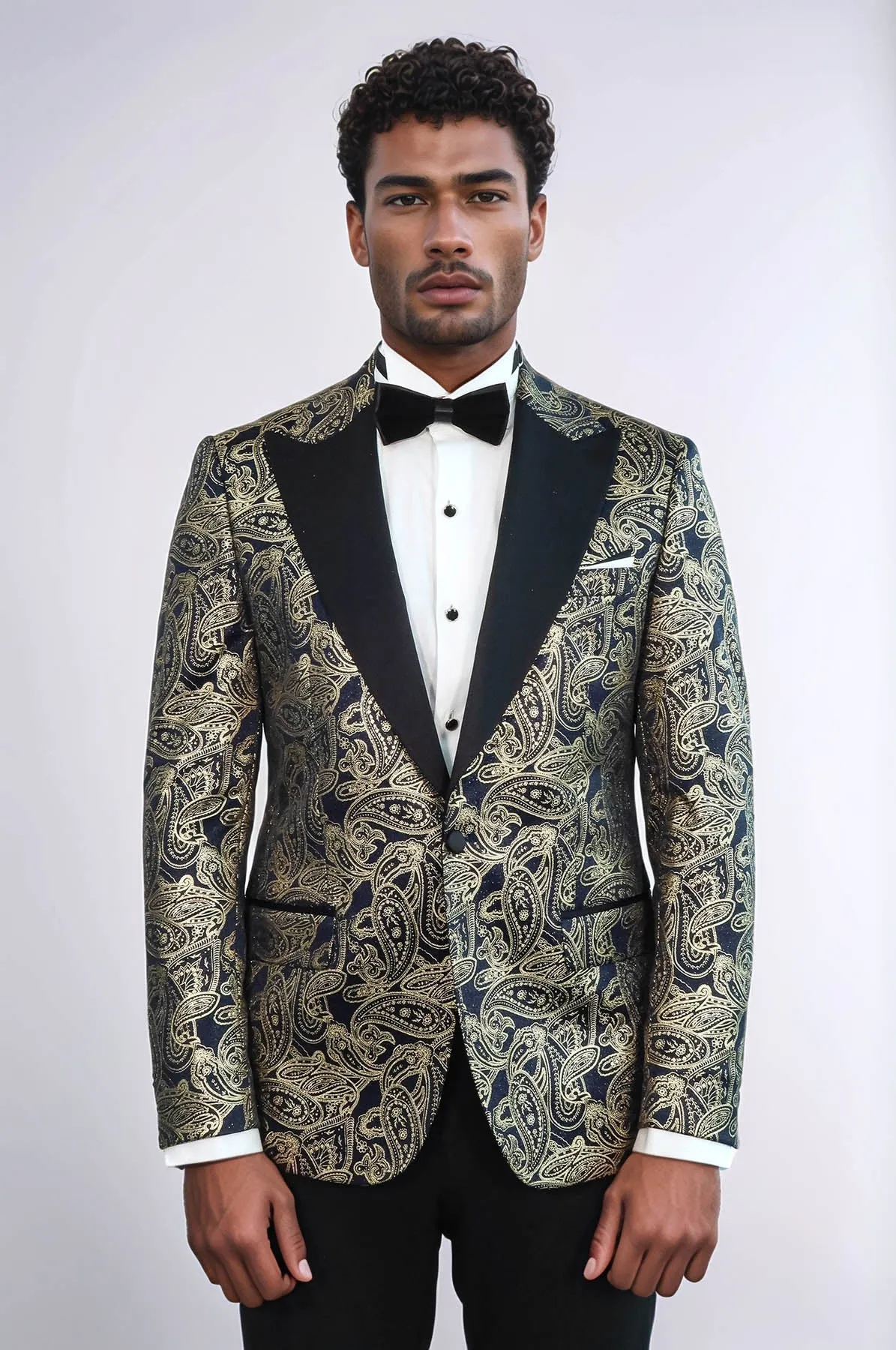 Paisley Peak Lapel Navy Blue Men Prom Blazer - Wessi