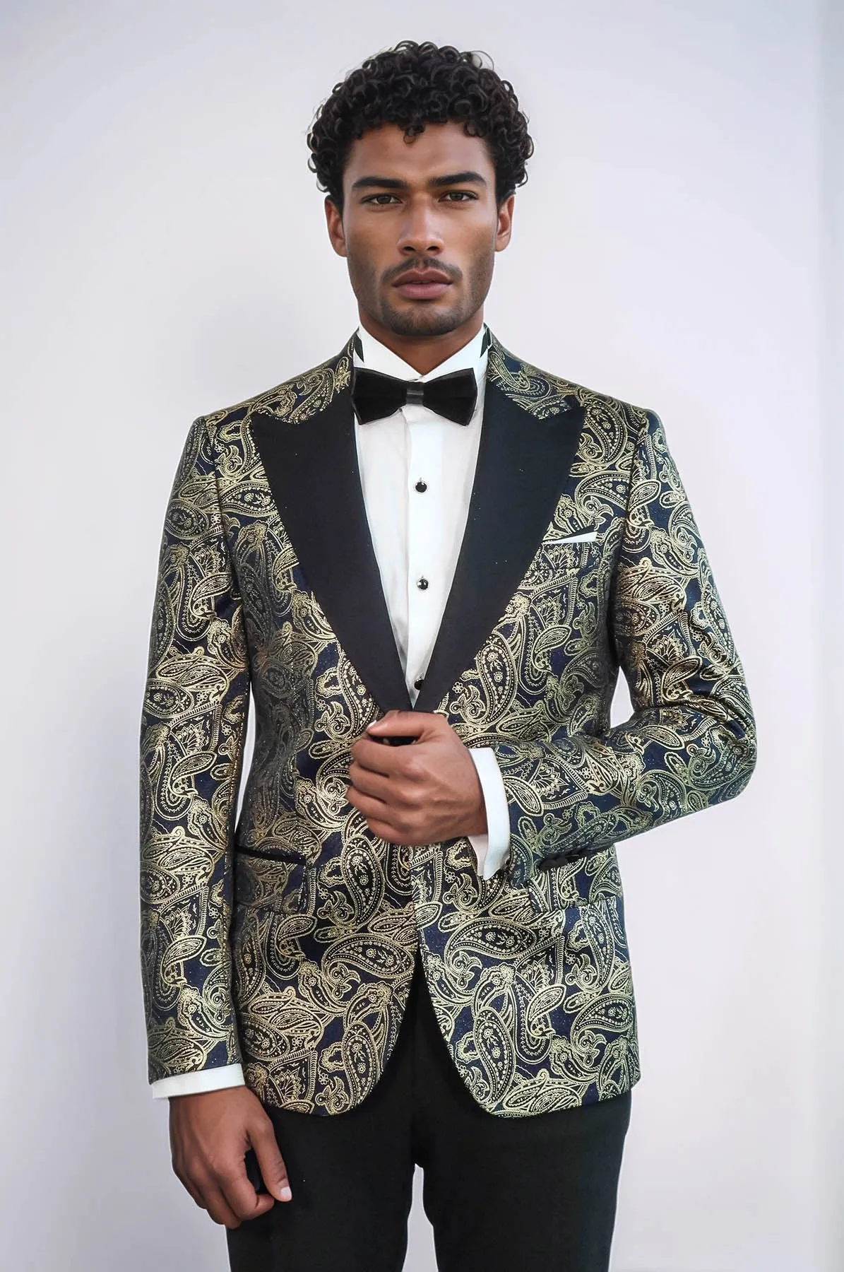 Paisley Peak Lapel Navy Blue Men Prom Blazer - Wessi