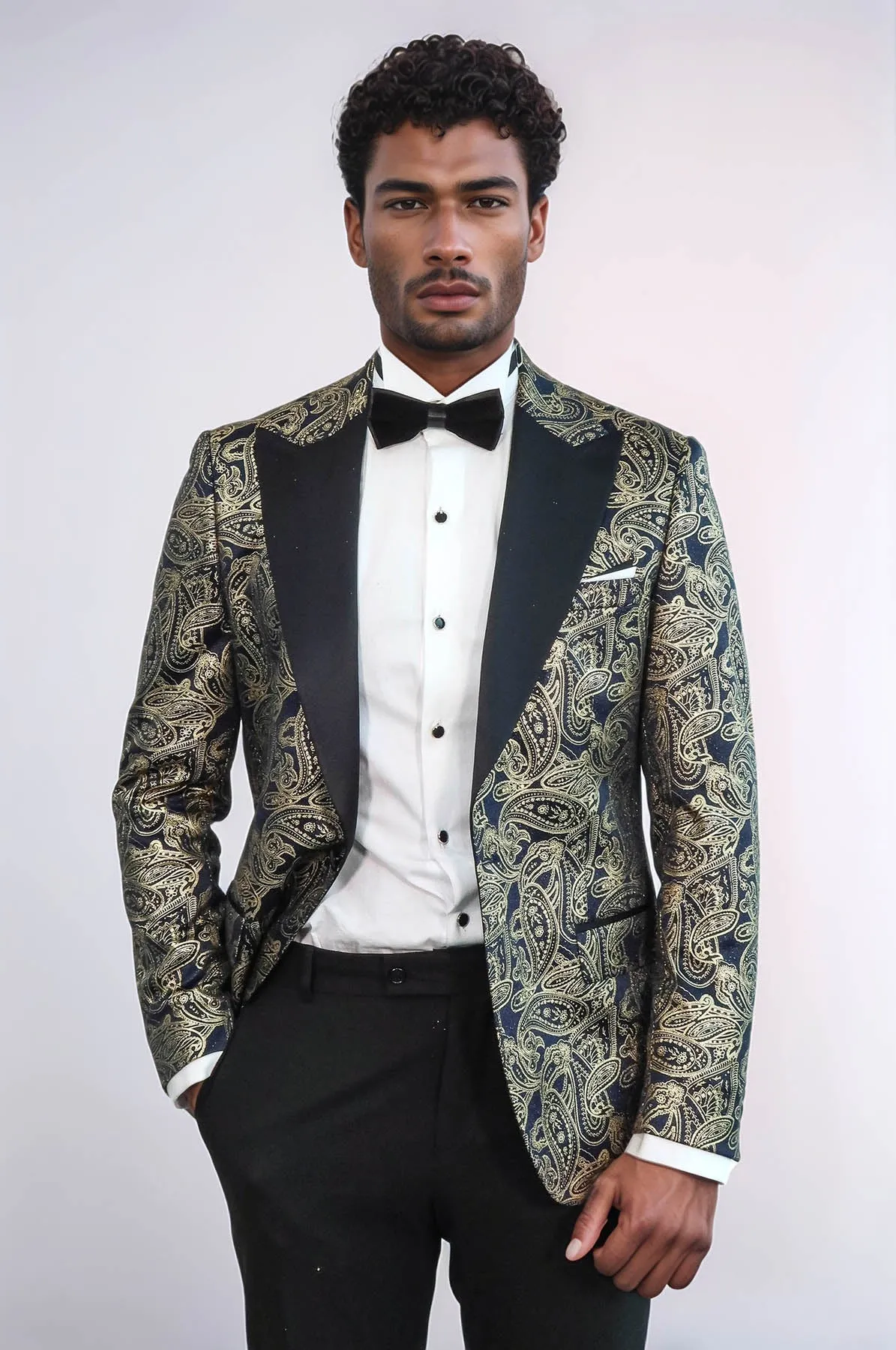 Paisley Peak Lapel Navy Blue Men Prom Blazer - Wessi