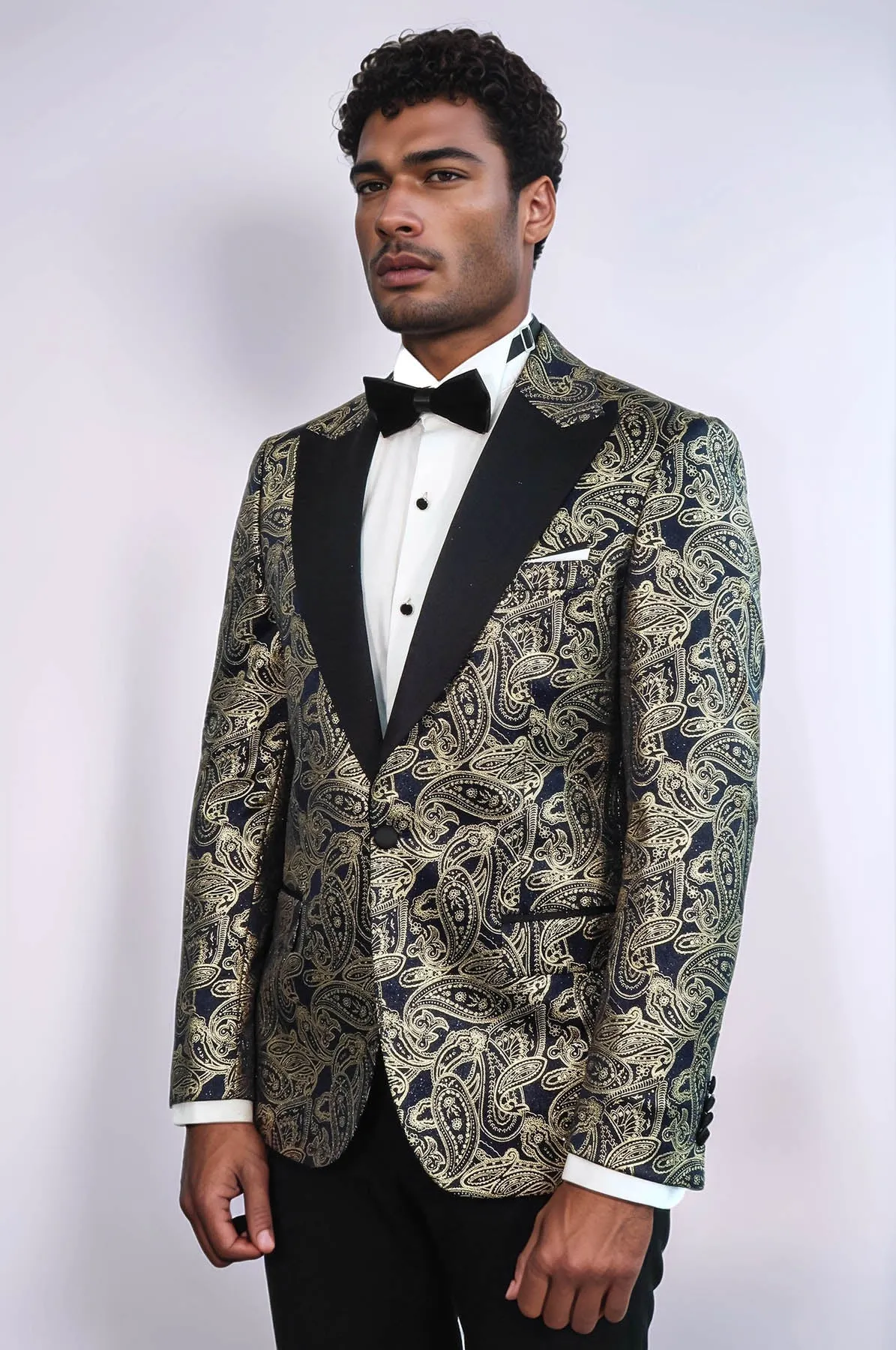 Paisley Peak Lapel Navy Blue Men Prom Blazer - Wessi