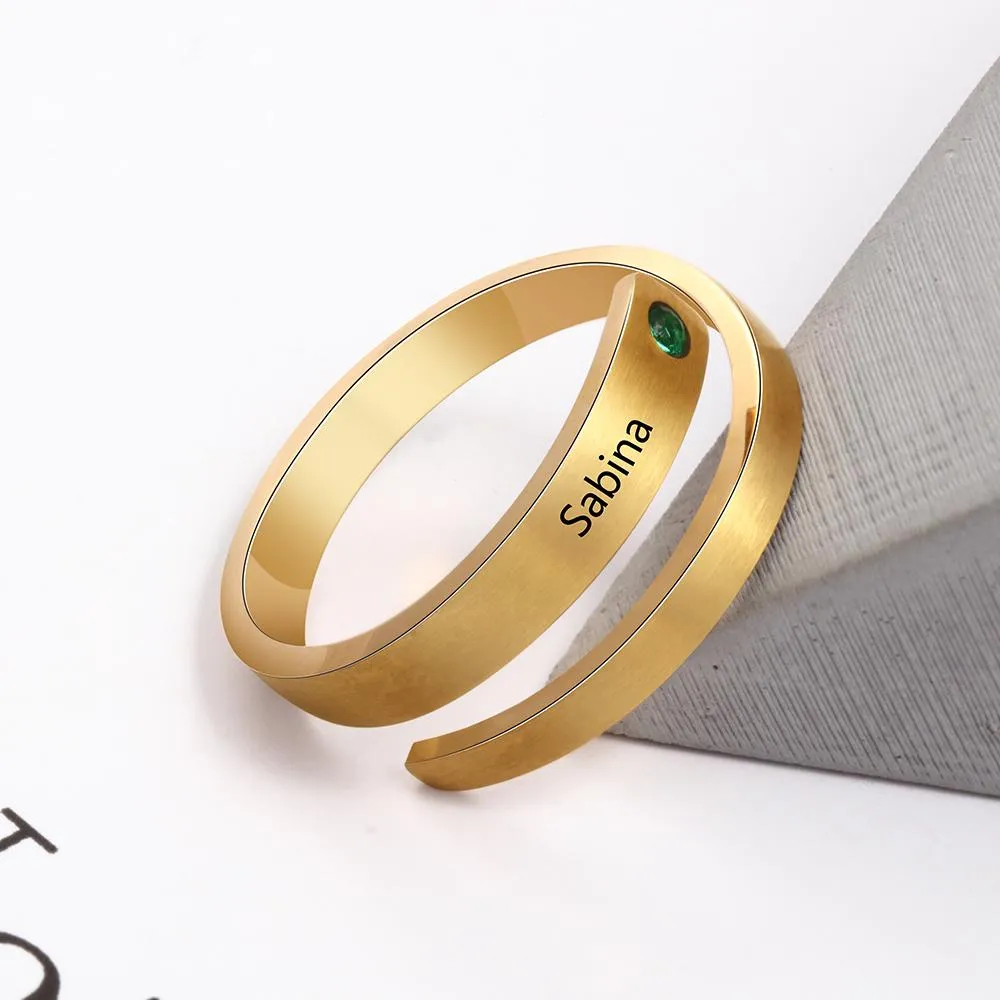 Personalized Stainless Steel Adjustable Wrap Rings - Custom Name &amp; Customized Birthstone, 3 Color Options
