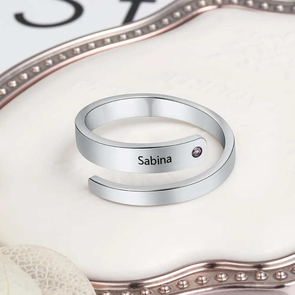 Personalized Stainless Steel Adjustable Wrap Rings - Custom Name &amp; Customized Birthstone, 3 Color Options