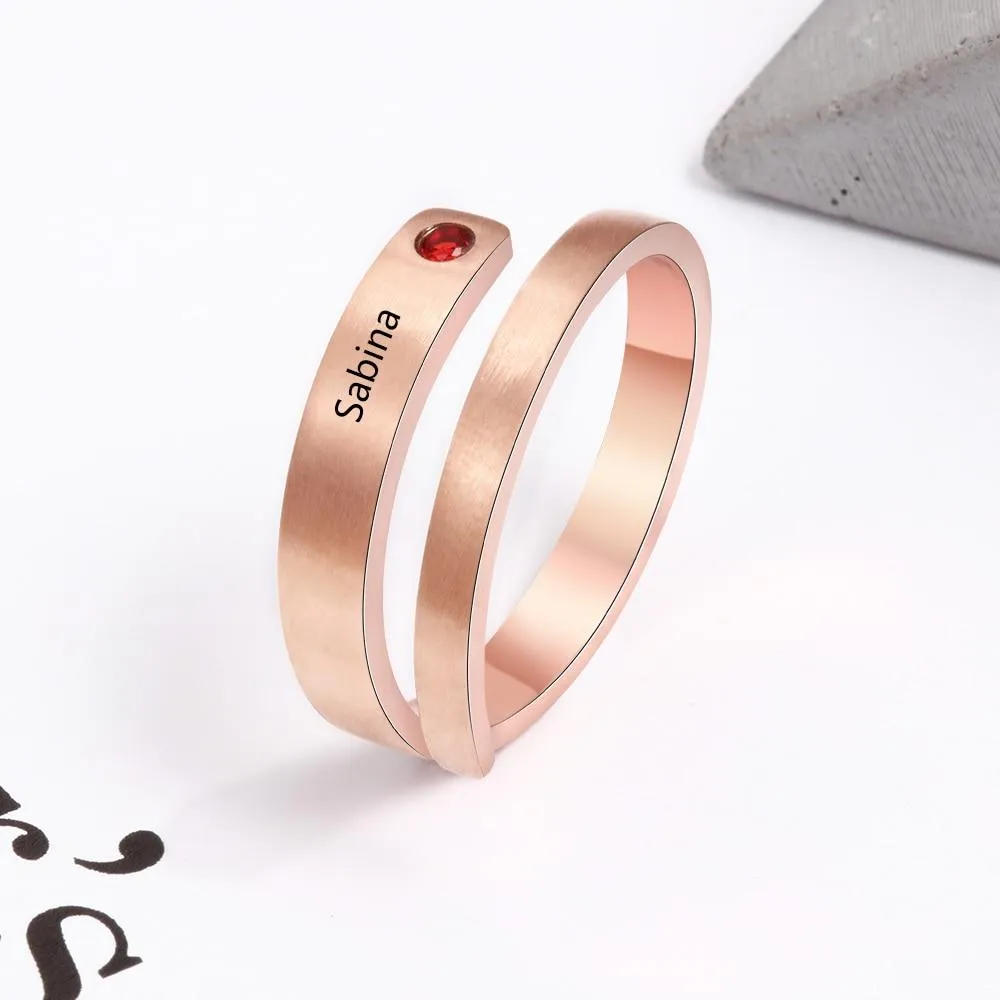 Personalized Stainless Steel Adjustable Wrap Rings - Custom Name &amp; Customized Birthstone, 3 Color Options