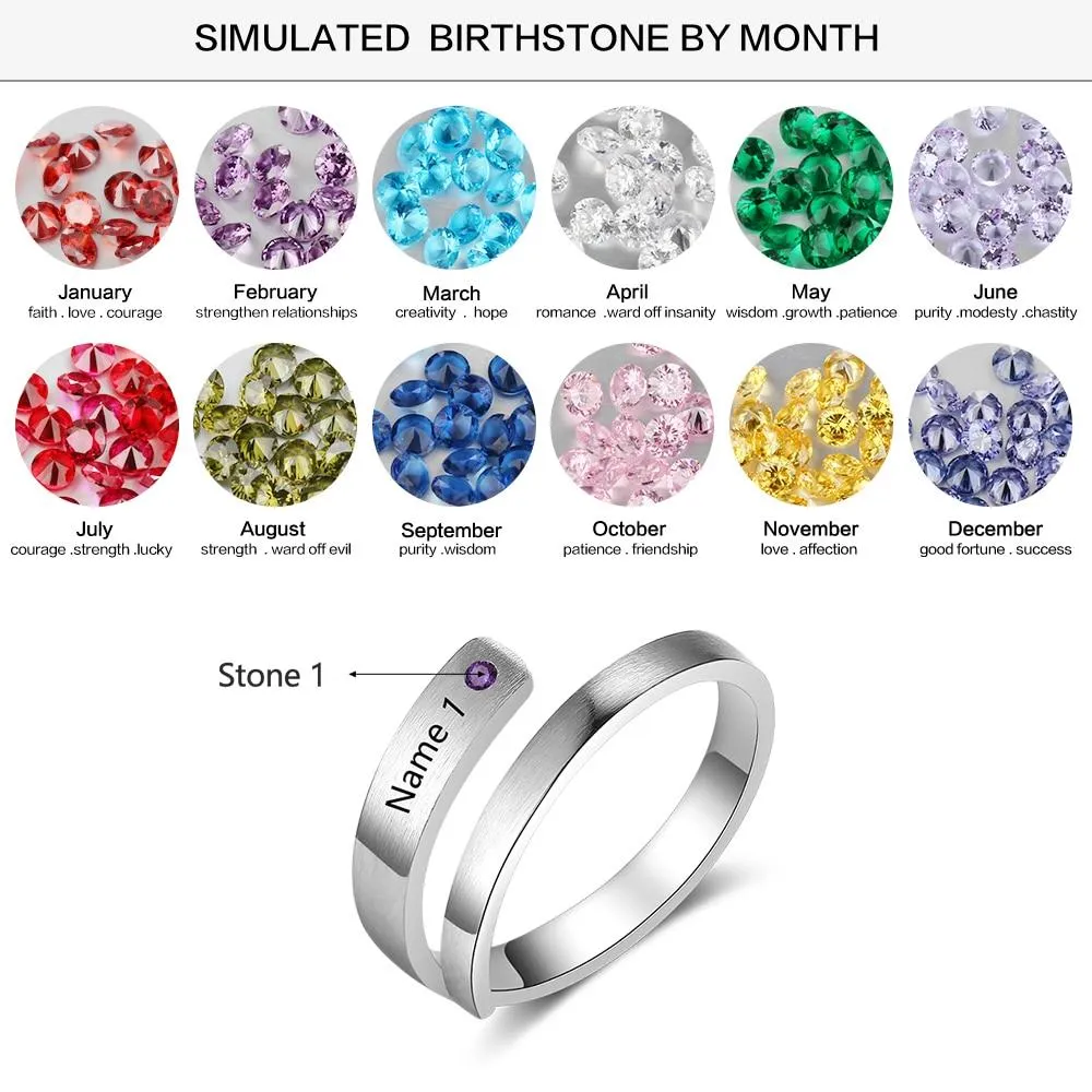Personalized Stainless Steel Adjustable Wrap Rings - Custom Name &amp; Customized Birthstone, 3 Color Options