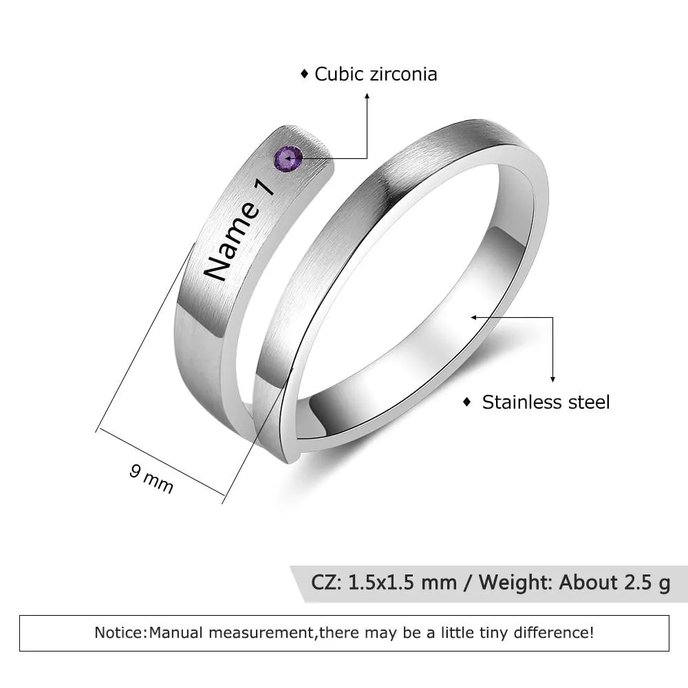 Personalized Stainless Steel Adjustable Wrap Rings - Custom Name &amp; Customized Birthstone, 3 Color Options