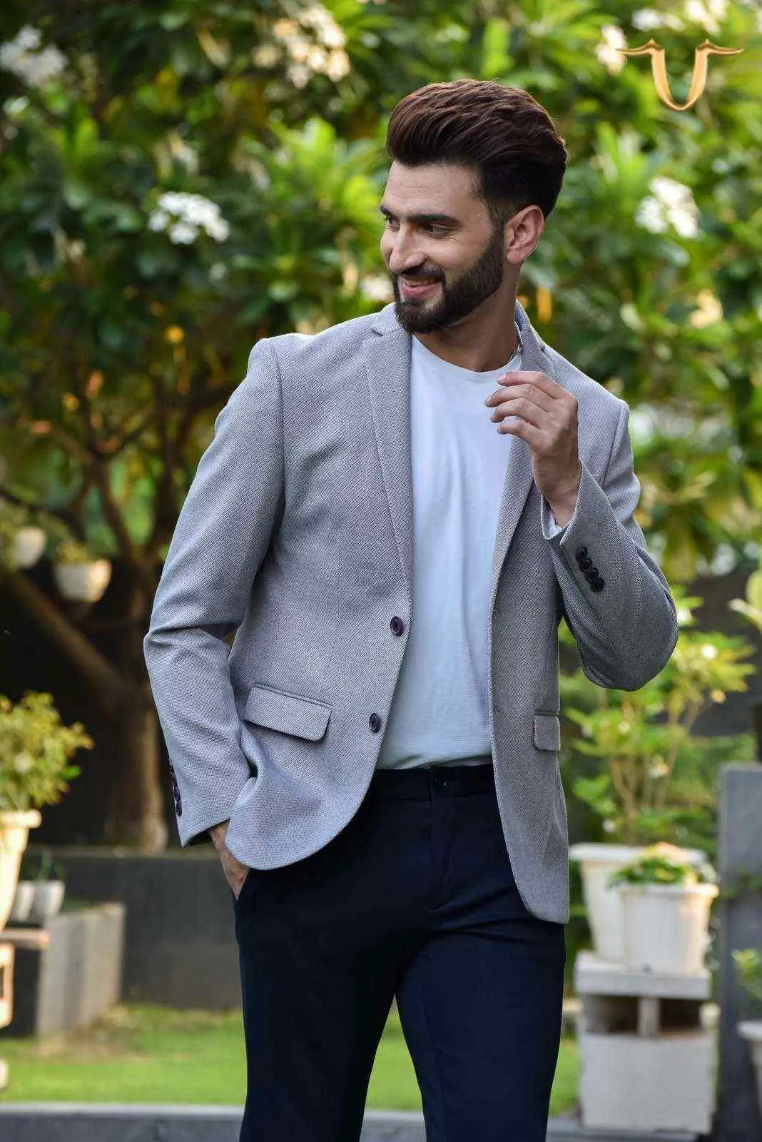 Plus Size of Grey Stretch Knitted Blazer