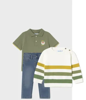Pre-Order Mayoral 1108 Sage Polo Shirt, Mayoral 1582 Denim Jeans and Mayoral 1301 Stripe Jumper