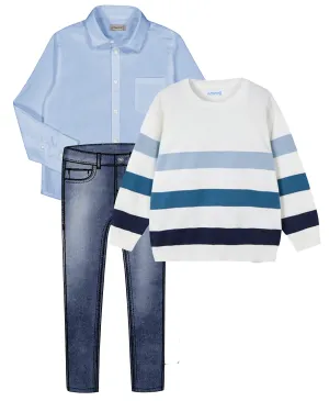 Pre-Order Mayoral 140 Sky Blue Long Sleeve Shirt, Mayoral 3567 Dark Denim Jeans and Mayoral 3366 Blue Stripe Jumper