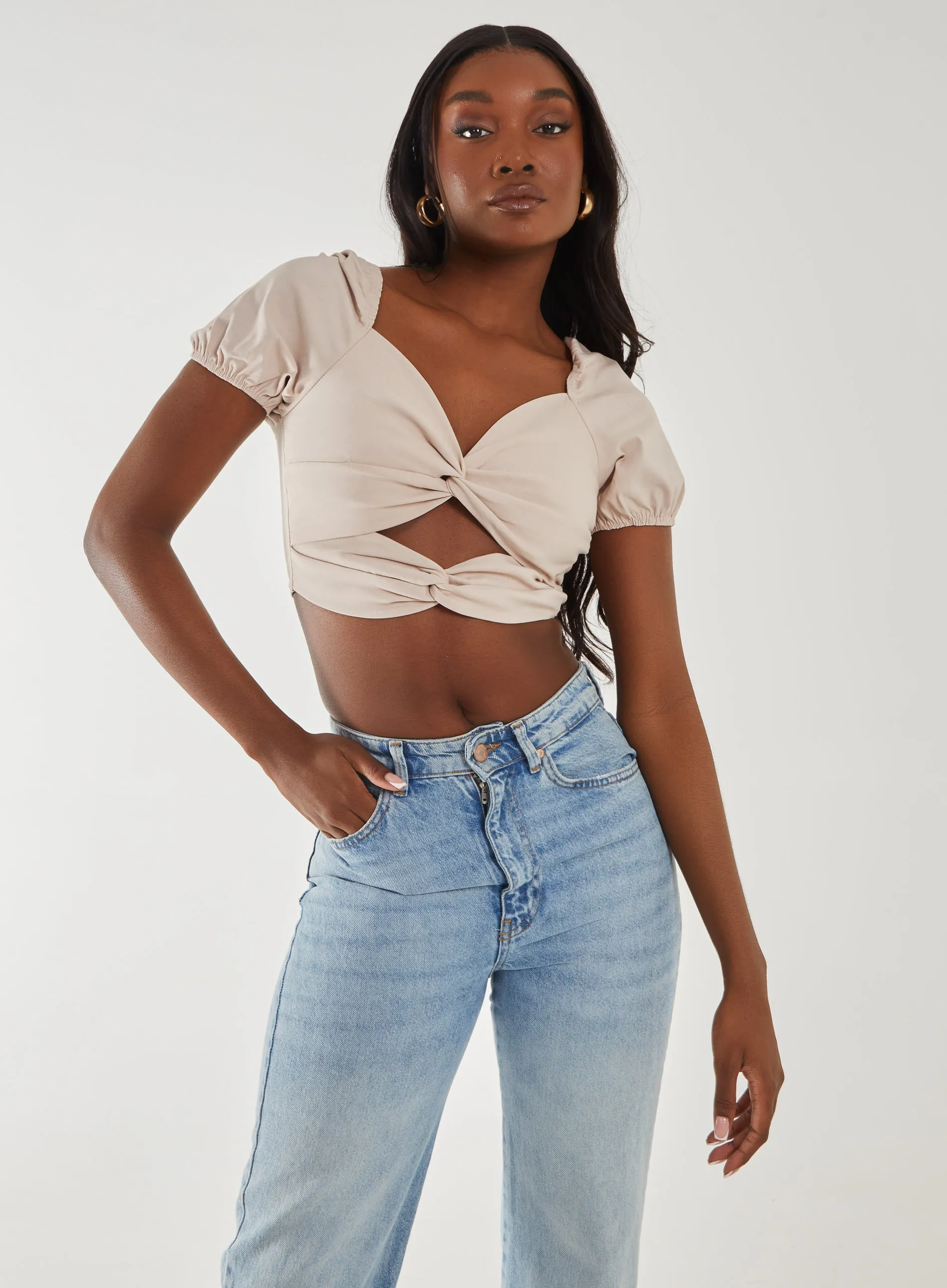 Puff Sleeve Bengaline Cropped Top