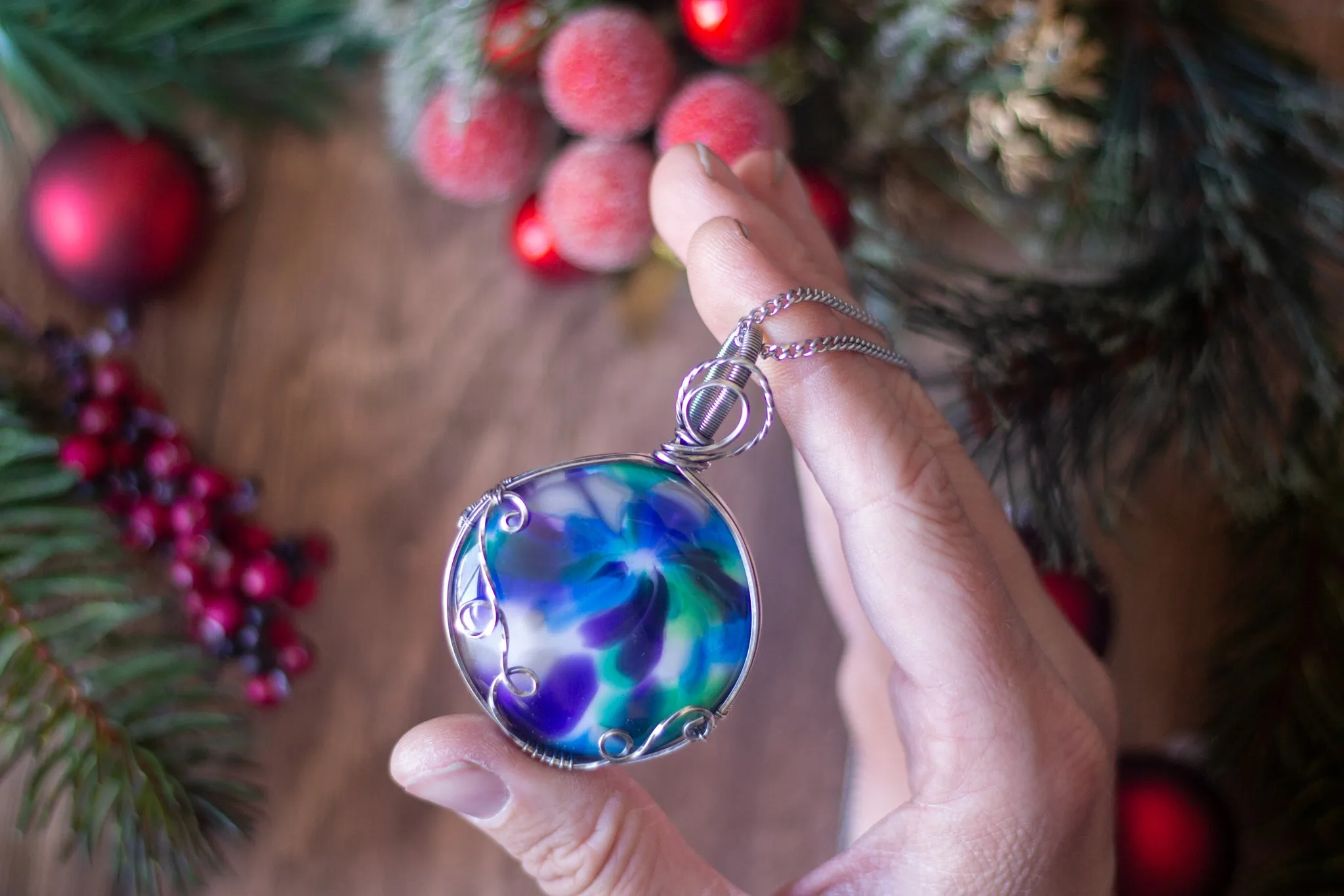 Purple, Blue, and Green Fused Glass Statement Pendant with Sterling Silver Wire Wrapping