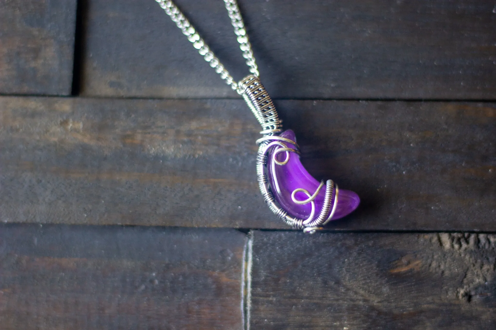 Purple Fused Glass Crescent Moon Pendant with Sterling Silver Wire Wrapping