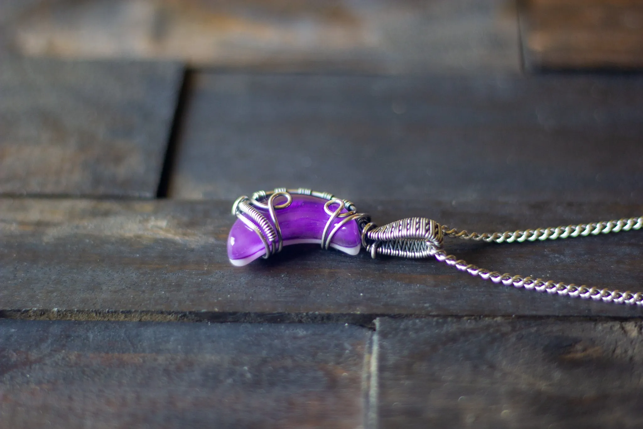 Purple Fused Glass Crescent Moon Pendant with Sterling Silver Wire Wrapping