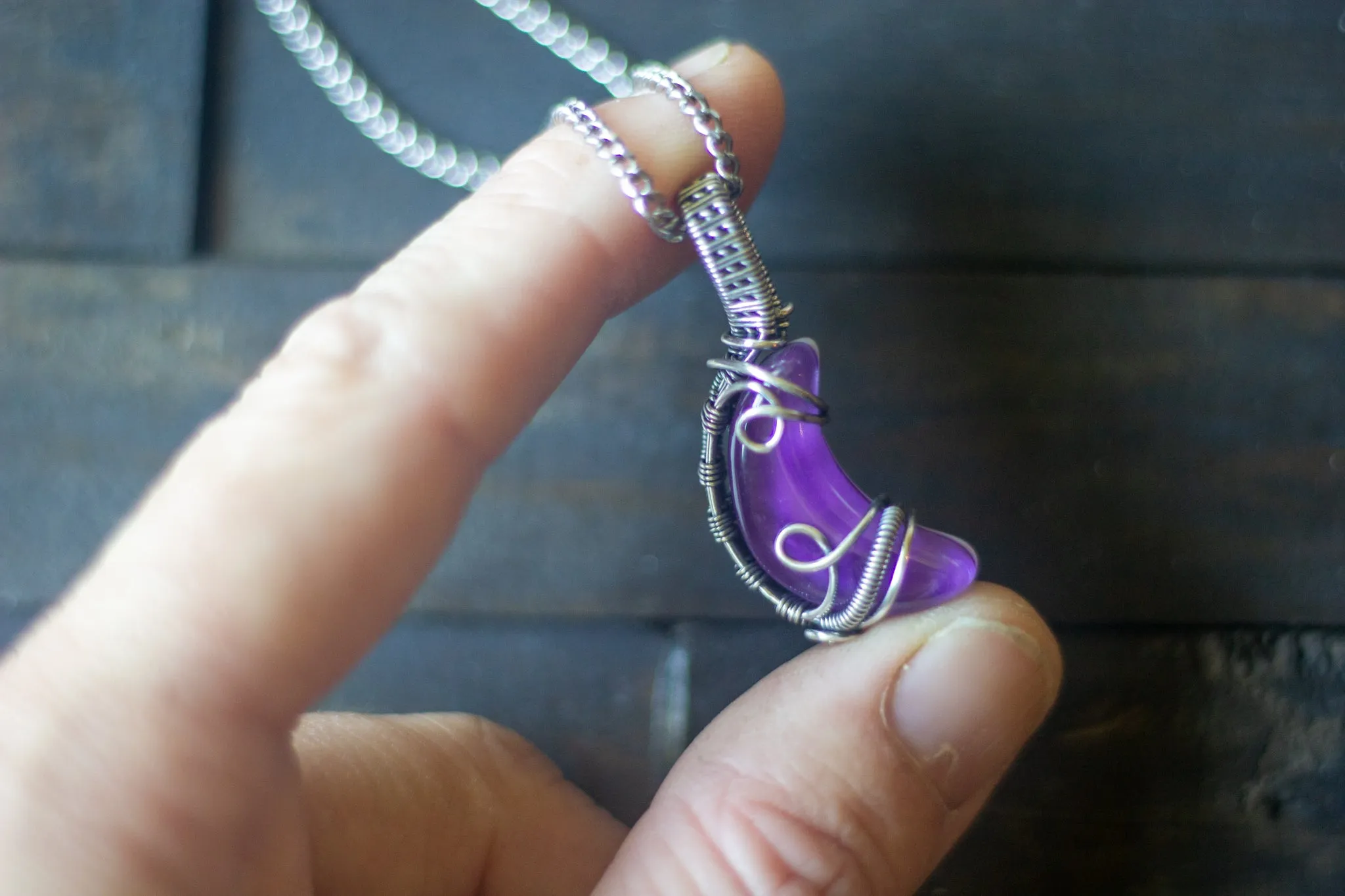 Purple Fused Glass Crescent Moon Pendant with Sterling Silver Wire Wrapping