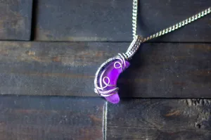 Purple Fused Glass Crescent Moon Pendant with Sterling Silver Wire Wrapping
