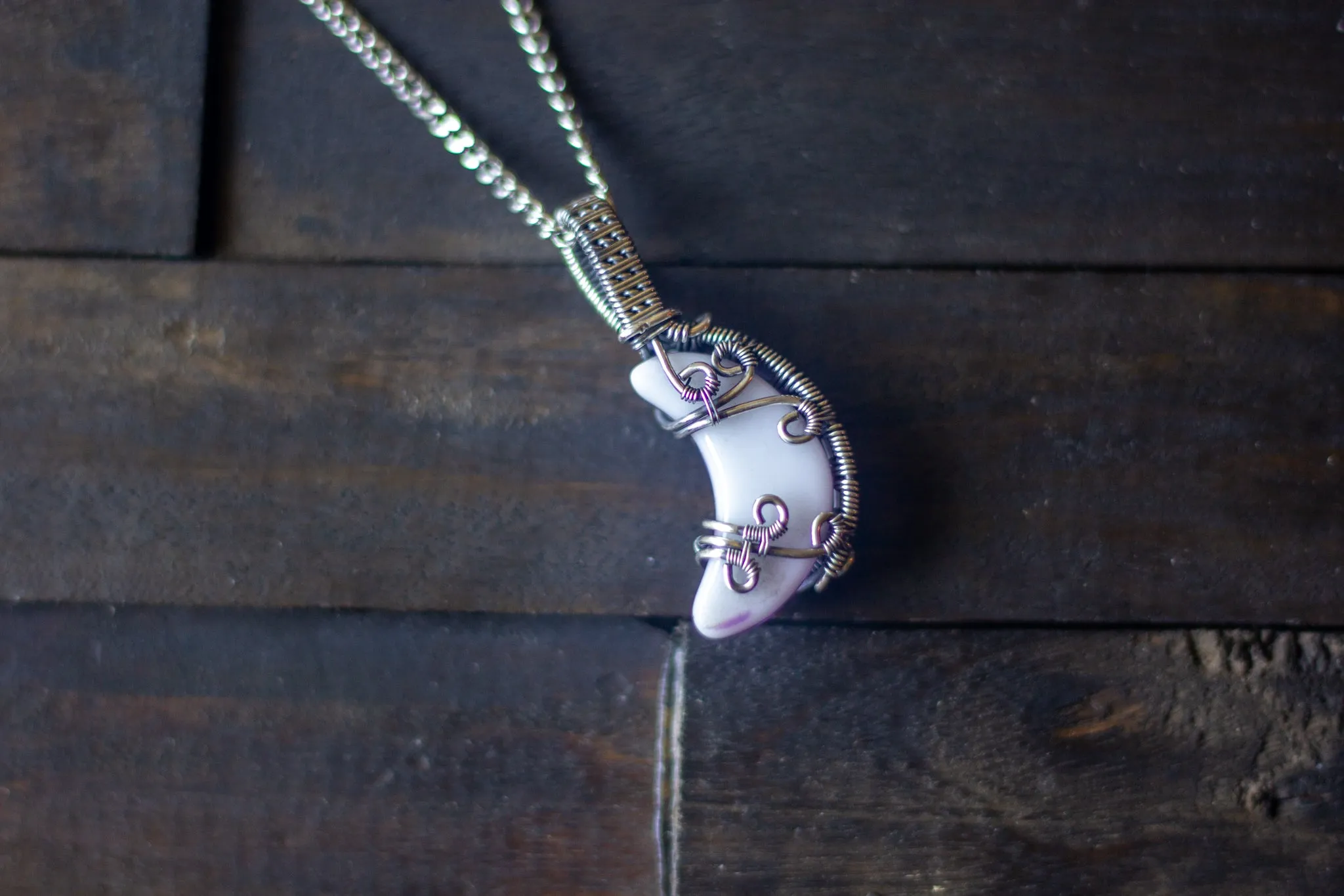 Purple Fused Glass Crescent Moon Pendant with Sterling Silver Wire Wrapping