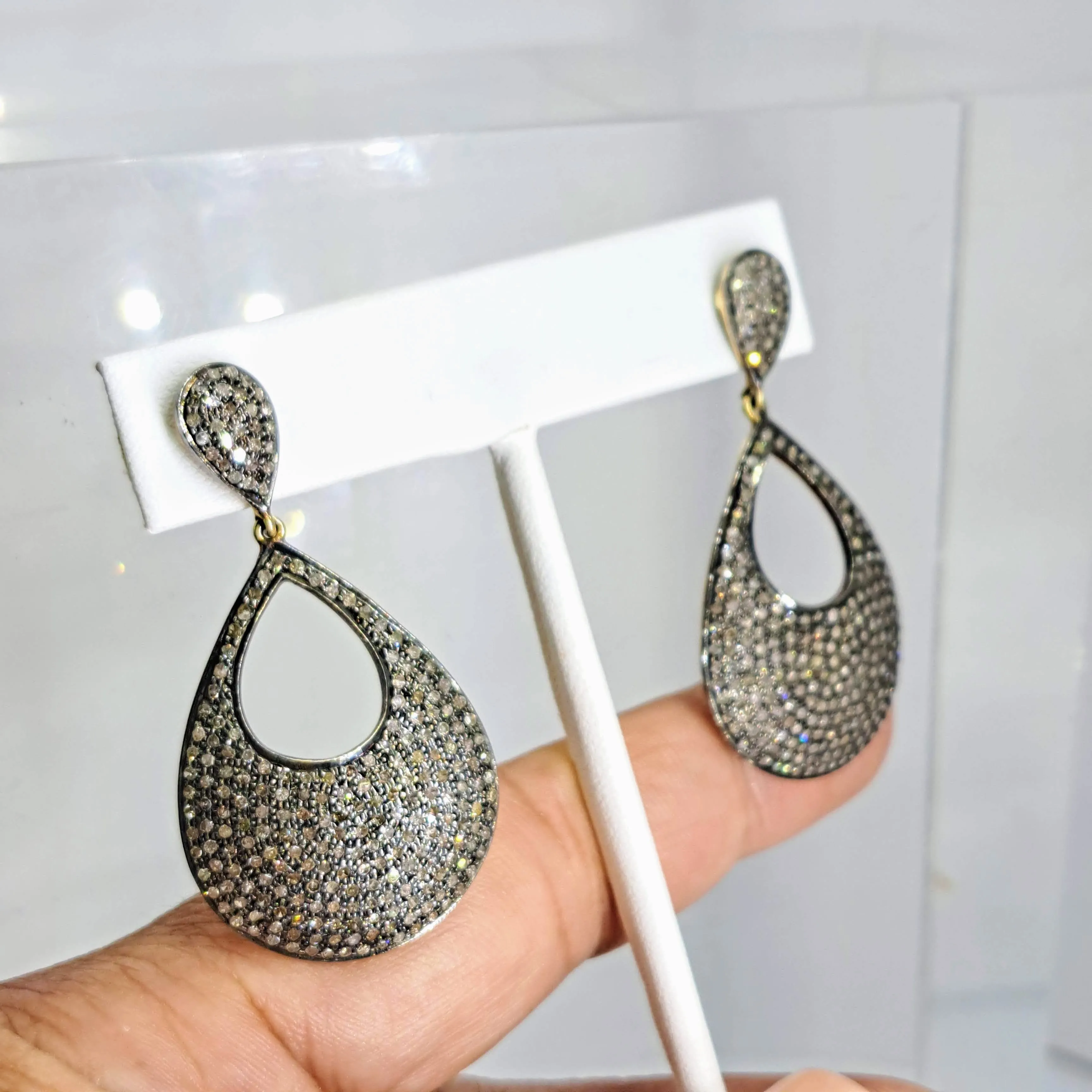"Diamond Rain" 1.75" Earrings - Diamonds, Sterling, 18K