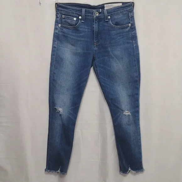 Rag and Bone Cate Mid Rise Hazy Daze Distressed Frayed Hem Ankle Skinny Jeans 27