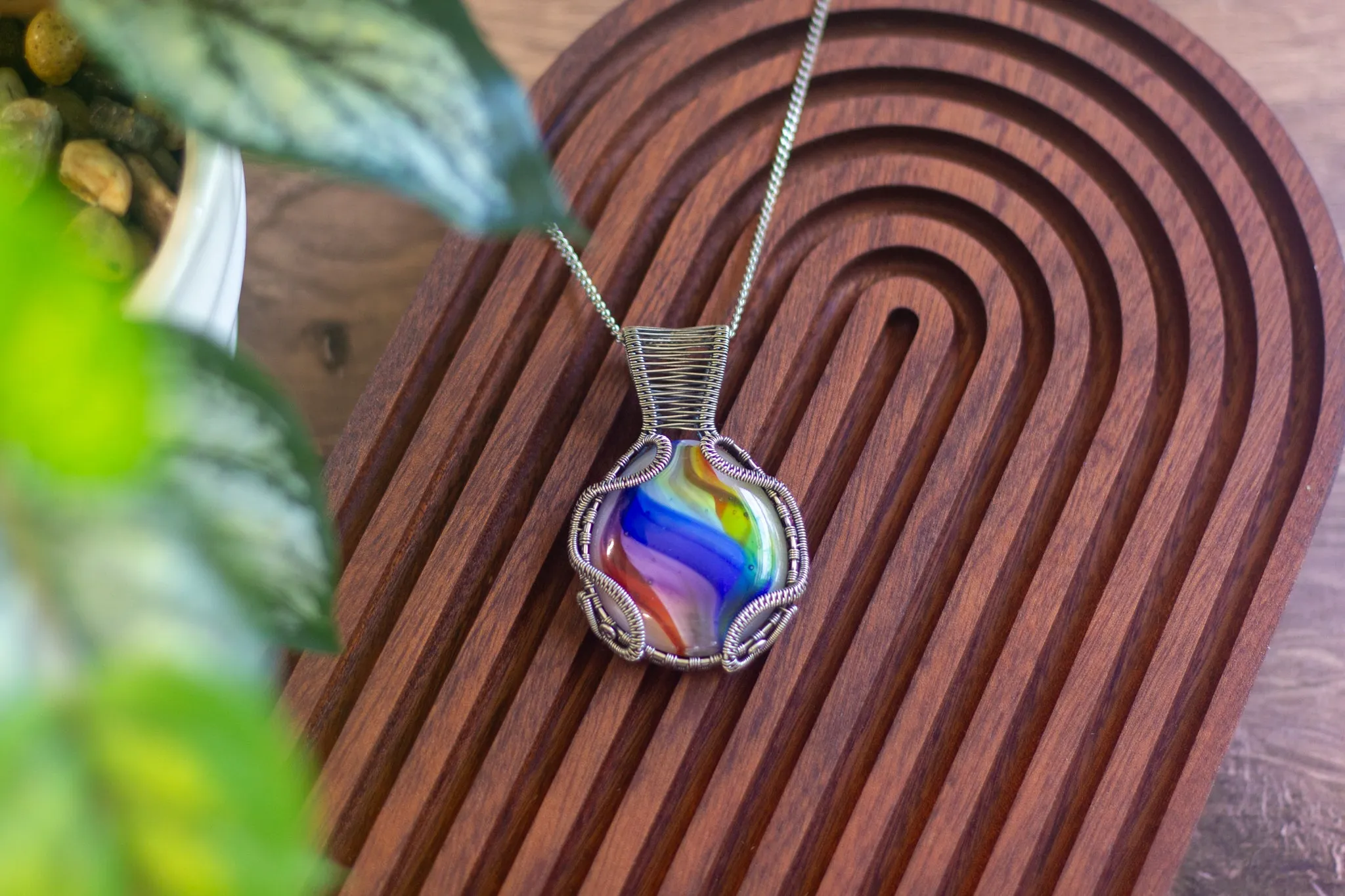 Rainbow Swirled Fused Glass Pendant with Sterling Silver Wire Wrapping