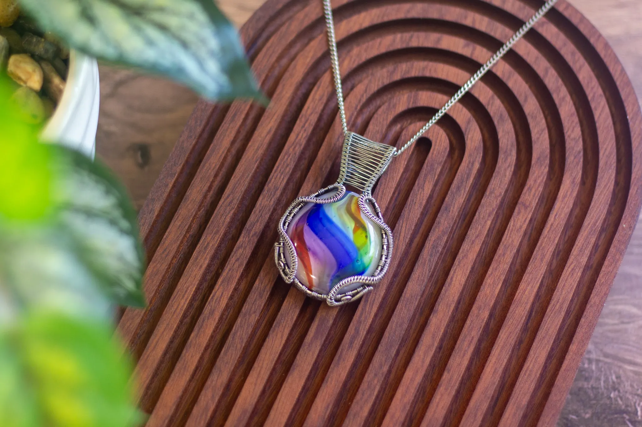 Rainbow Swirled Fused Glass Pendant with Sterling Silver Wire Wrapping