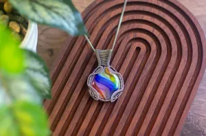 Rainbow Swirled Fused Glass Pendant with Sterling Silver Wire Wrapping