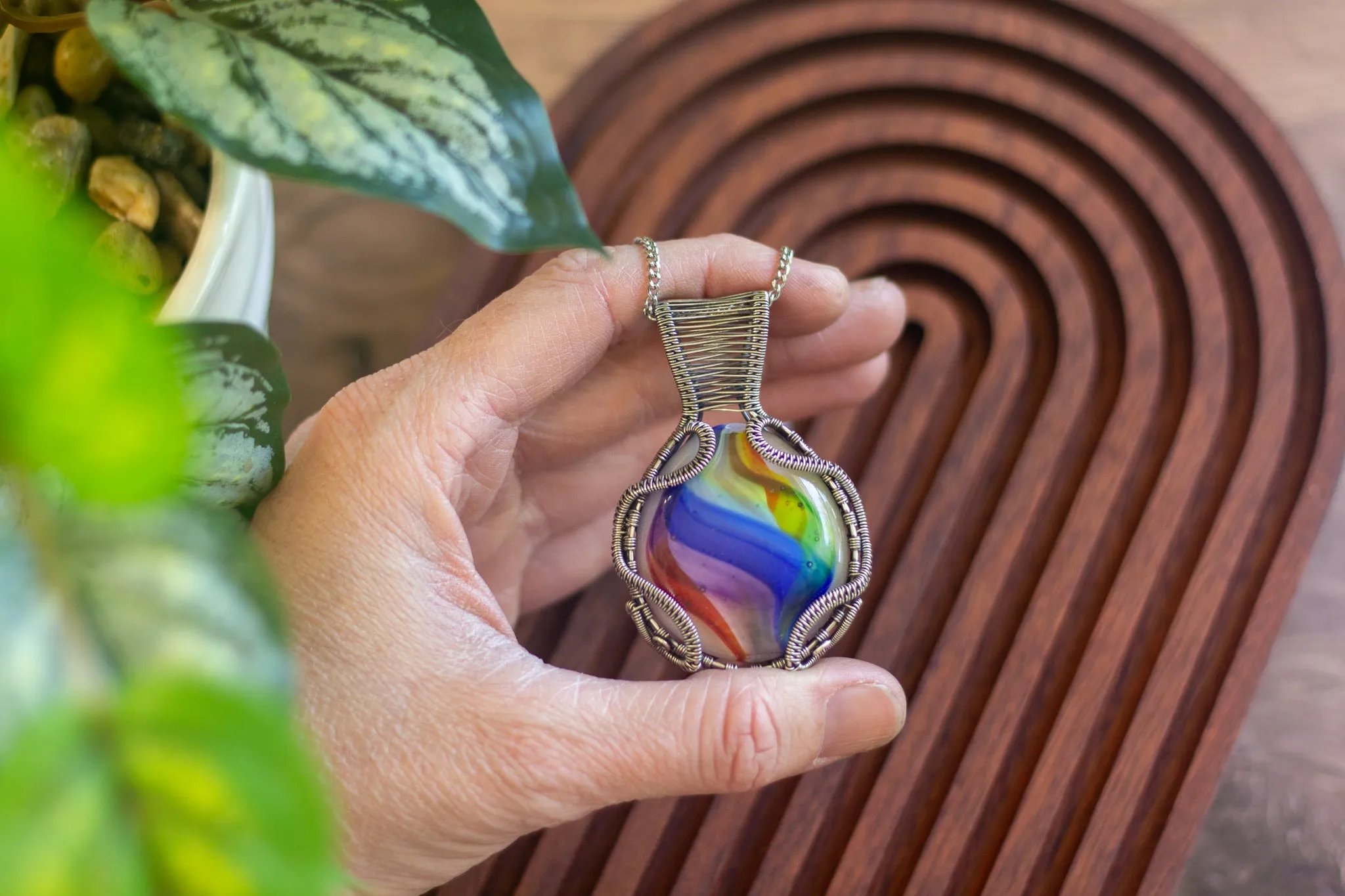 Rainbow Swirled Fused Glass Pendant with Sterling Silver Wire Wrapping