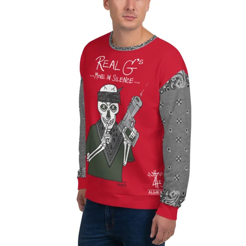 Real G's Move In Silence, Crewneck Sweatshirt with Bandana Sleeves, Red REMIX