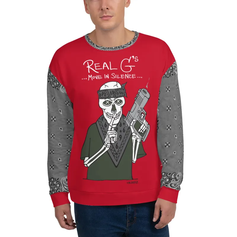 Real G's Move In Silence, Crewneck Sweatshirt with Bandana Sleeves, Red REMIX