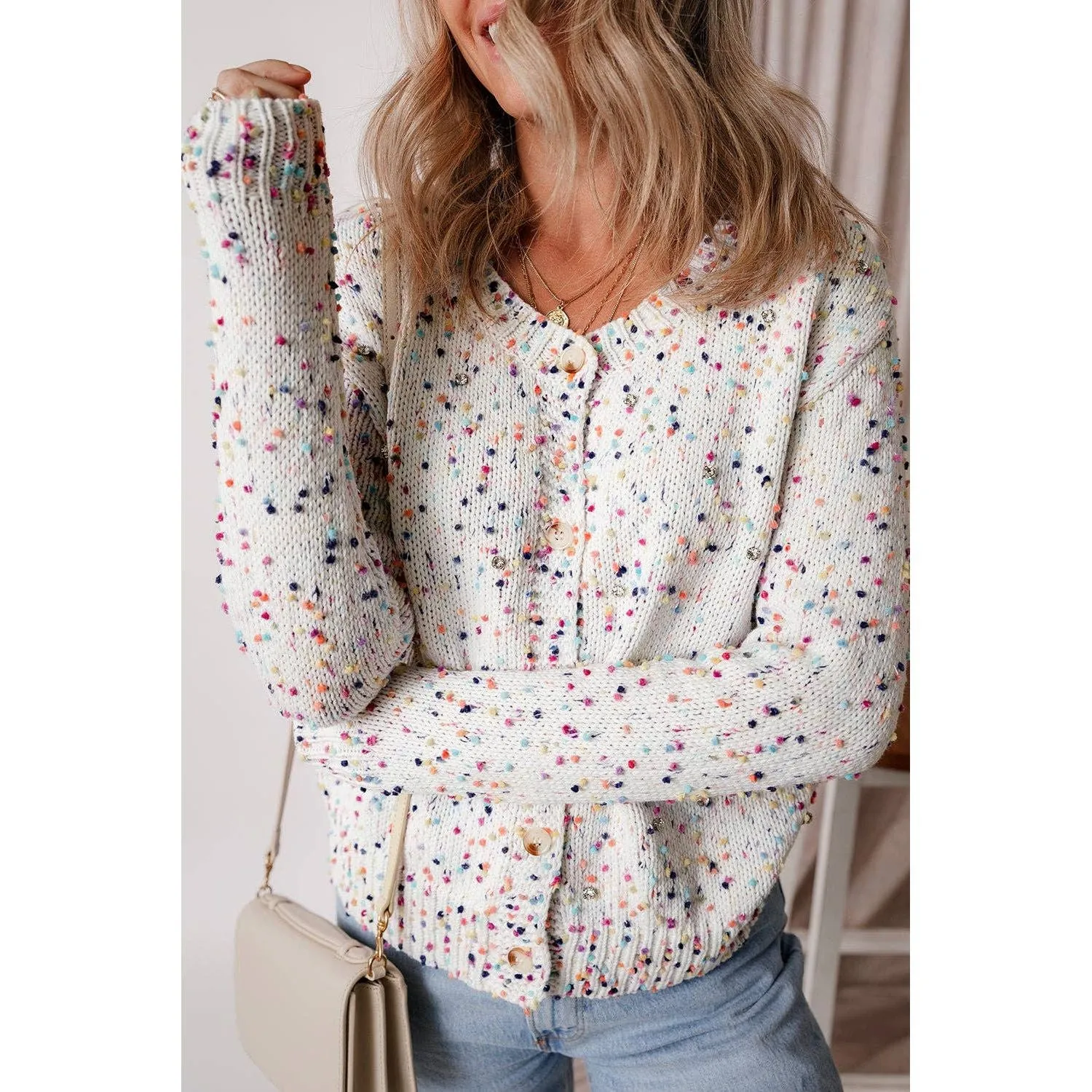 Rhinestone Decor Multicolor Confetti Sweater Cardigan