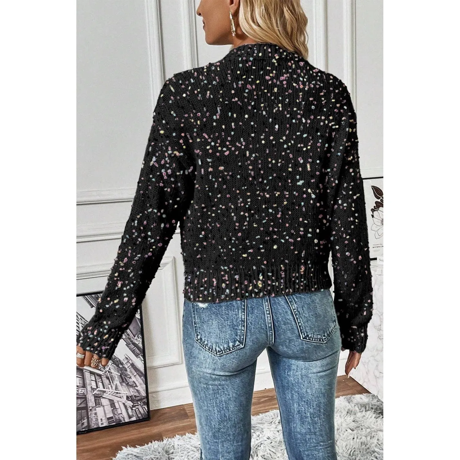 Rhinestone Decor Multicolor Confetti Sweater Cardigan