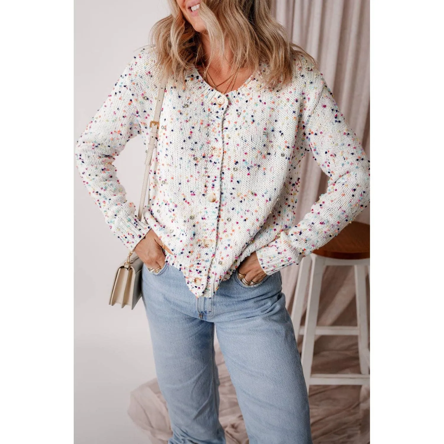 Rhinestone Decor Multicolor Confetti Sweater Cardigan