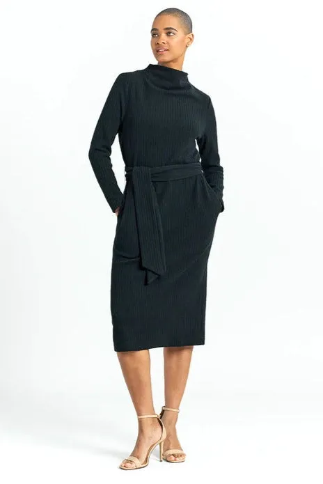 Ribbed Knit Sweater Dress with Belts and Pockets