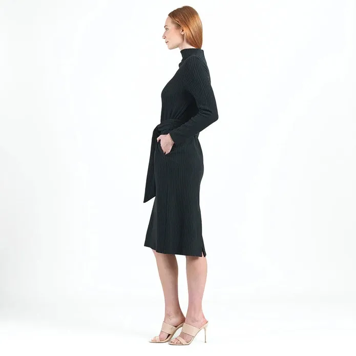 Ribbed Knit Sweater Dress with Belts and Pockets