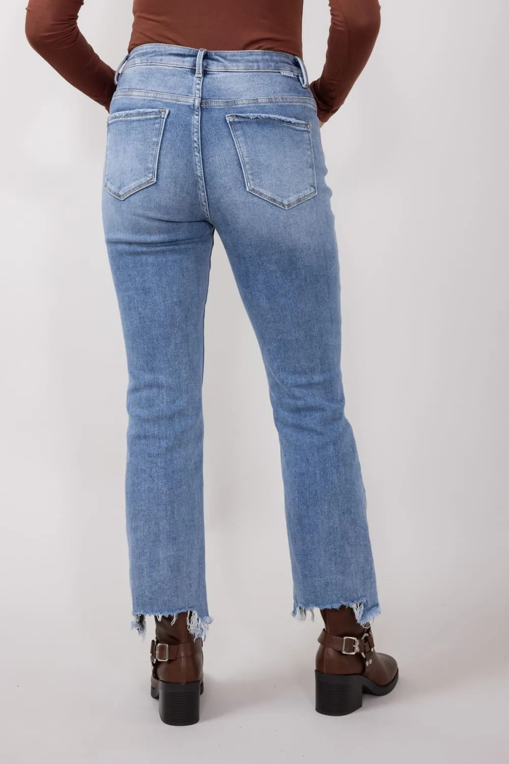 Risen High Rise Frayed Slim Fit Jeans for Women in Medium Wash | RDP5405-MD