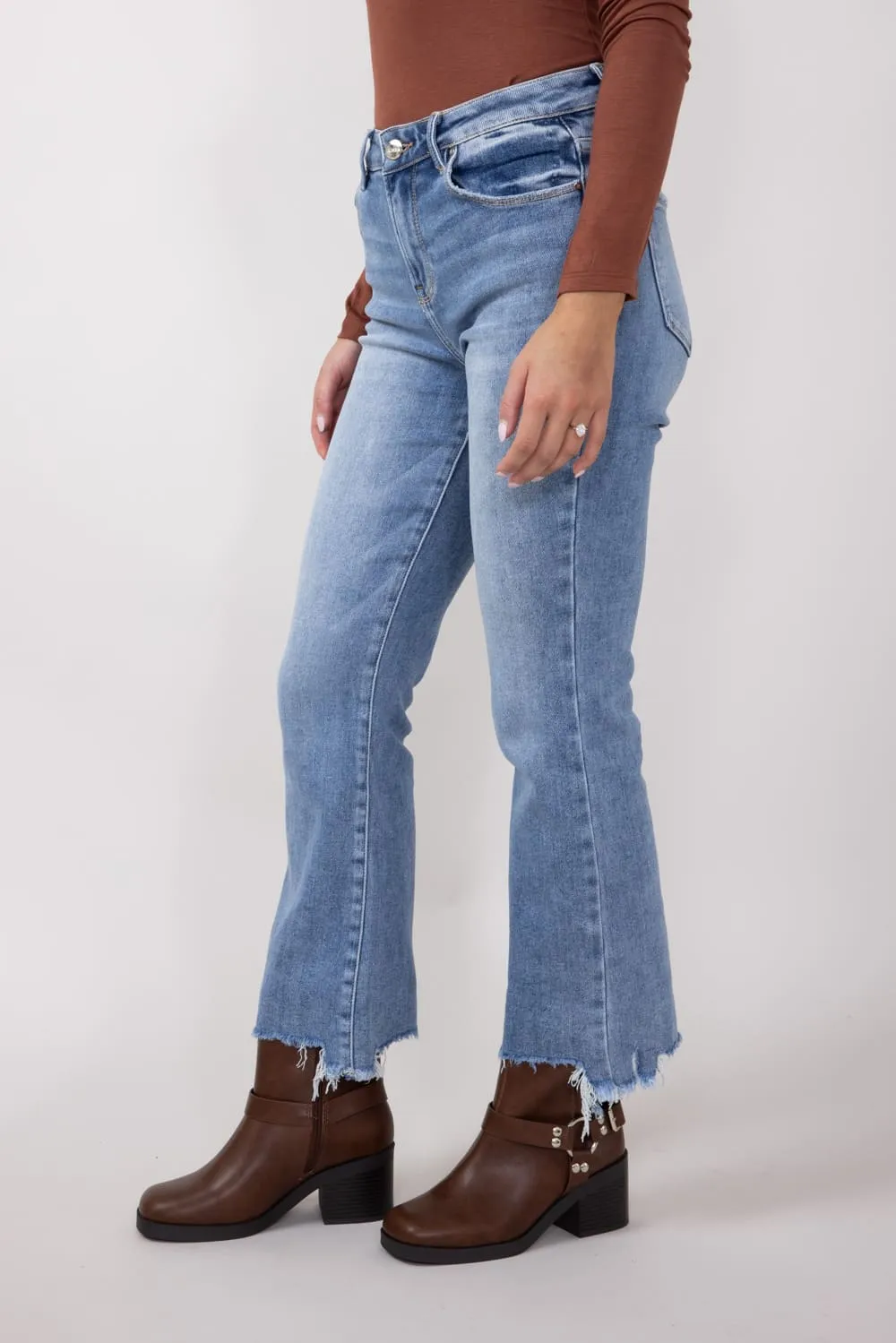 Risen High Rise Frayed Slim Fit Jeans for Women in Medium Wash | RDP5405-MD