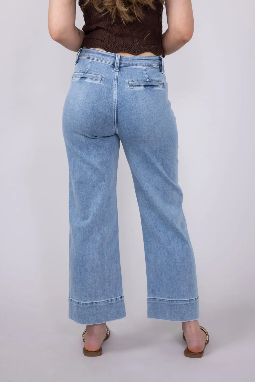 Risen Jeans High Rise Crop Wide Leg Exposed Stitch Jeans for Women | PWC21009-LT