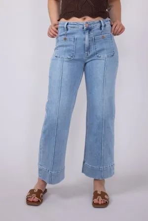 Risen Jeans High Rise Crop Wide Leg Exposed Stitch Jeans for Women | PWC21009-LT