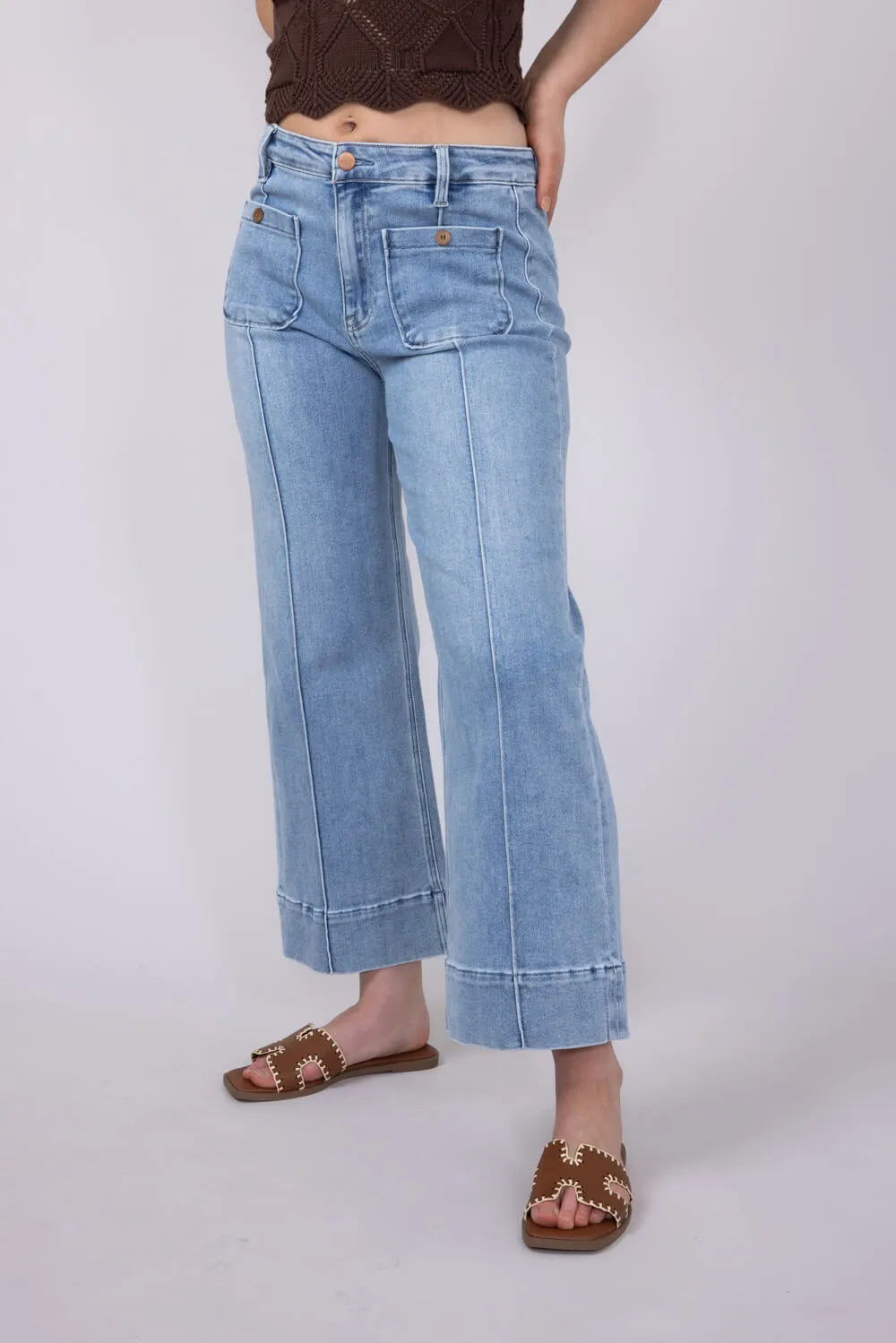 Risen Jeans High Rise Crop Wide Leg Exposed Stitch Jeans for Women | PWC21009-LT