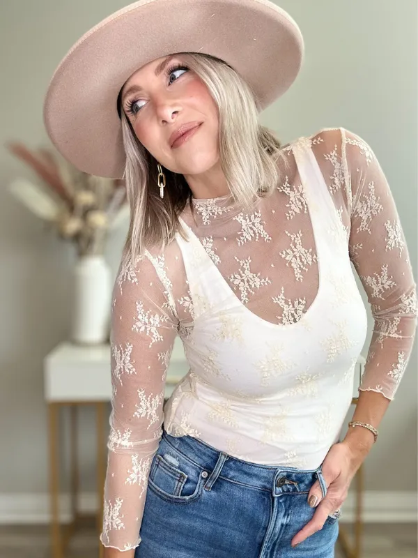 ROMANTIC LONG SLEEVE SHEER LACE TOP - IVORY